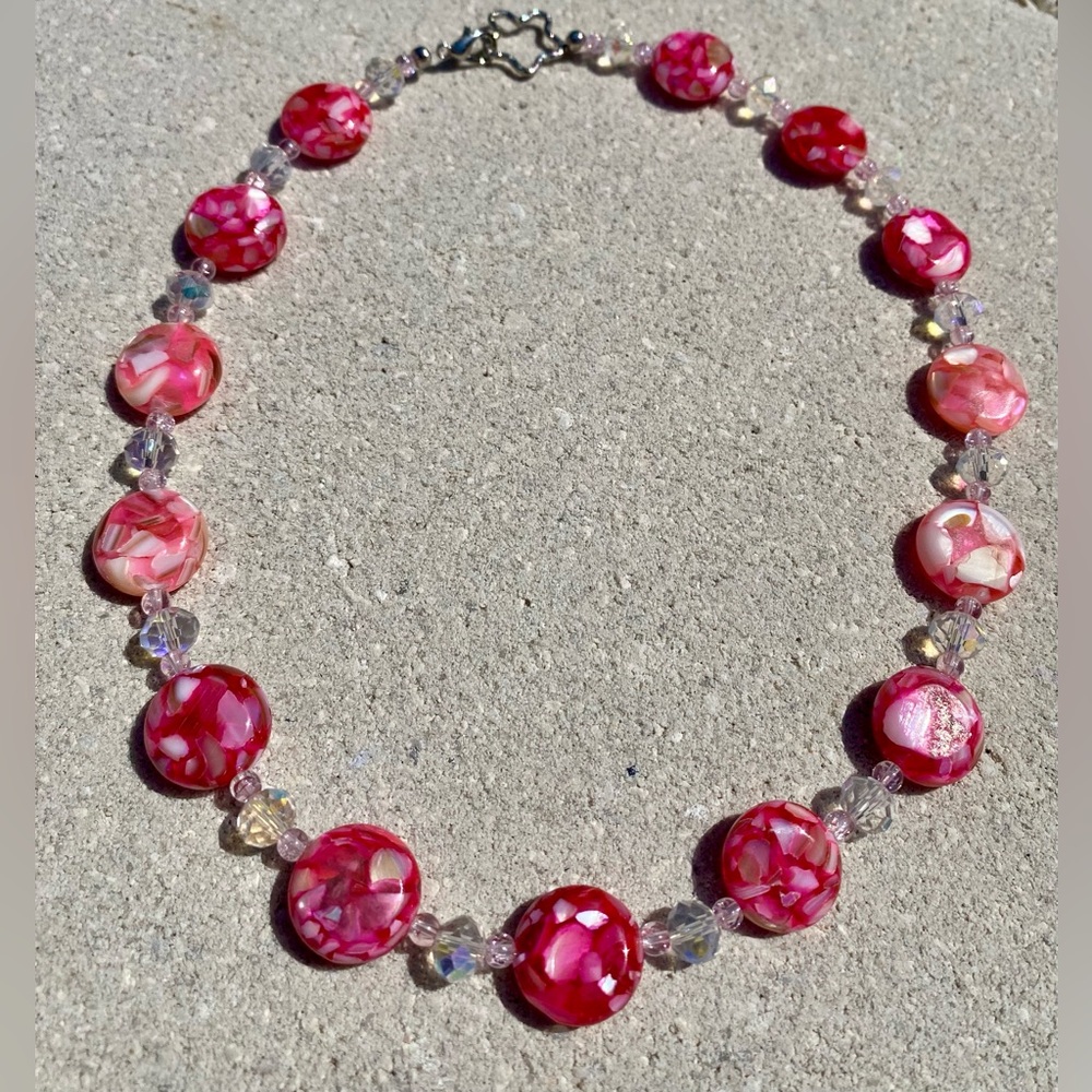 Handmade Pink Mosaic Bead and Crystal Necklace